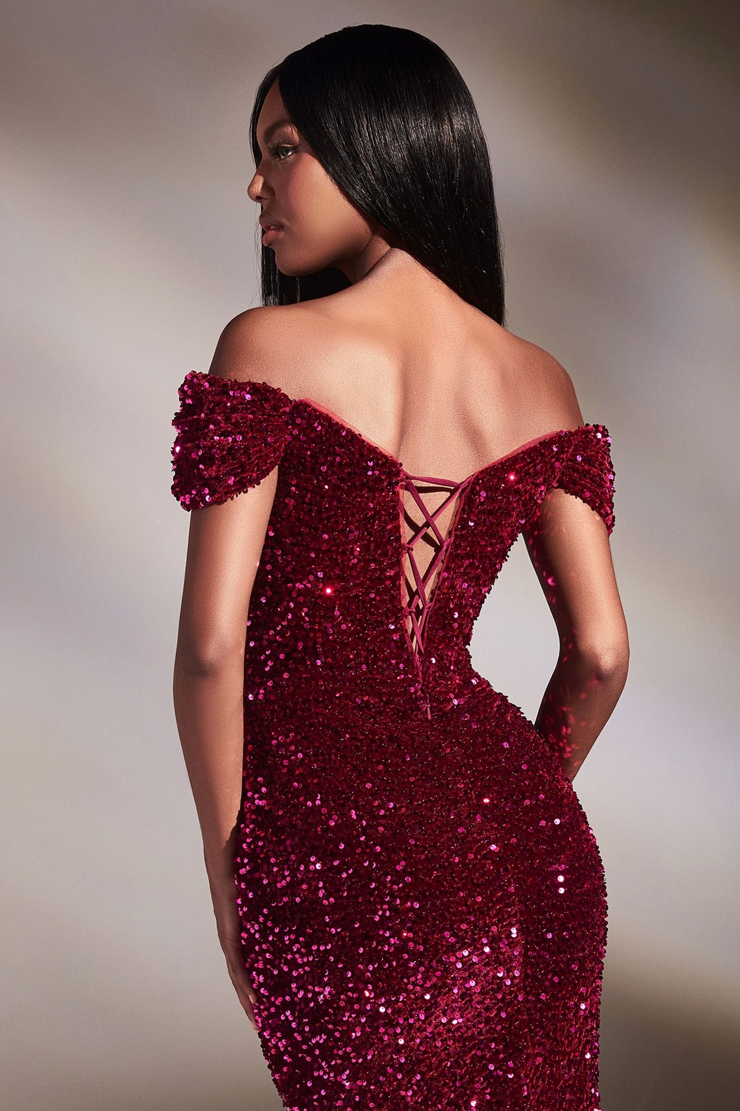 Red | Off-Shoulder Sequin Slit Gown – Sweetheart Neckline Formal Dress CDCA109