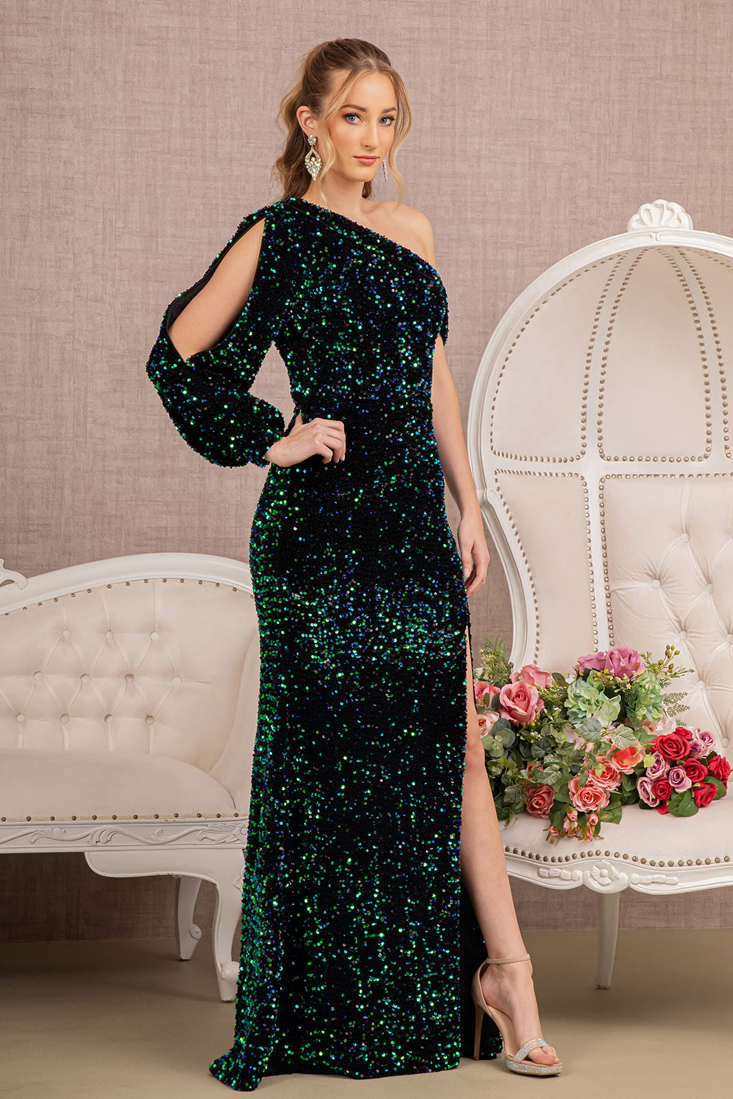 Sequin Asymmetric Velvet Festive Mermaid Gown w/ One Long Puff Sleeve GLGL3159