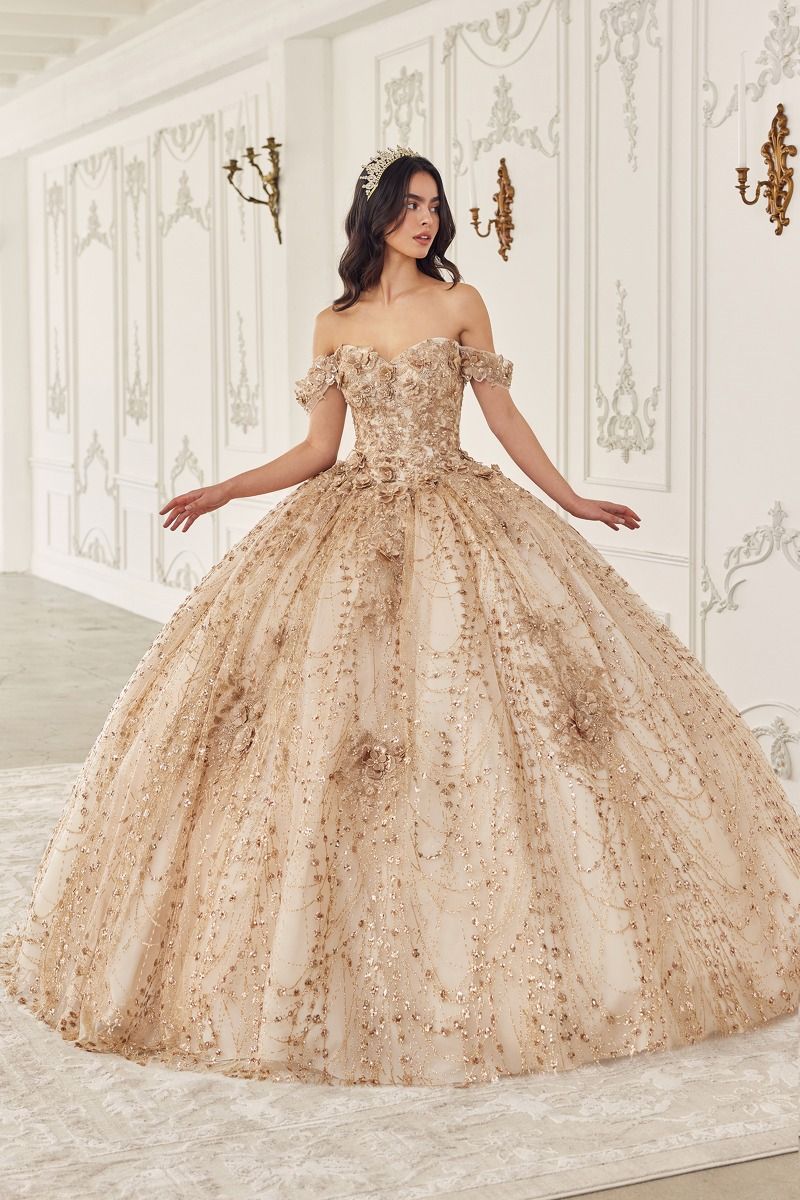 Gold Off-Shoulder Embroidered Quinceañera Ball Gown with Beaded Details  CD15712
