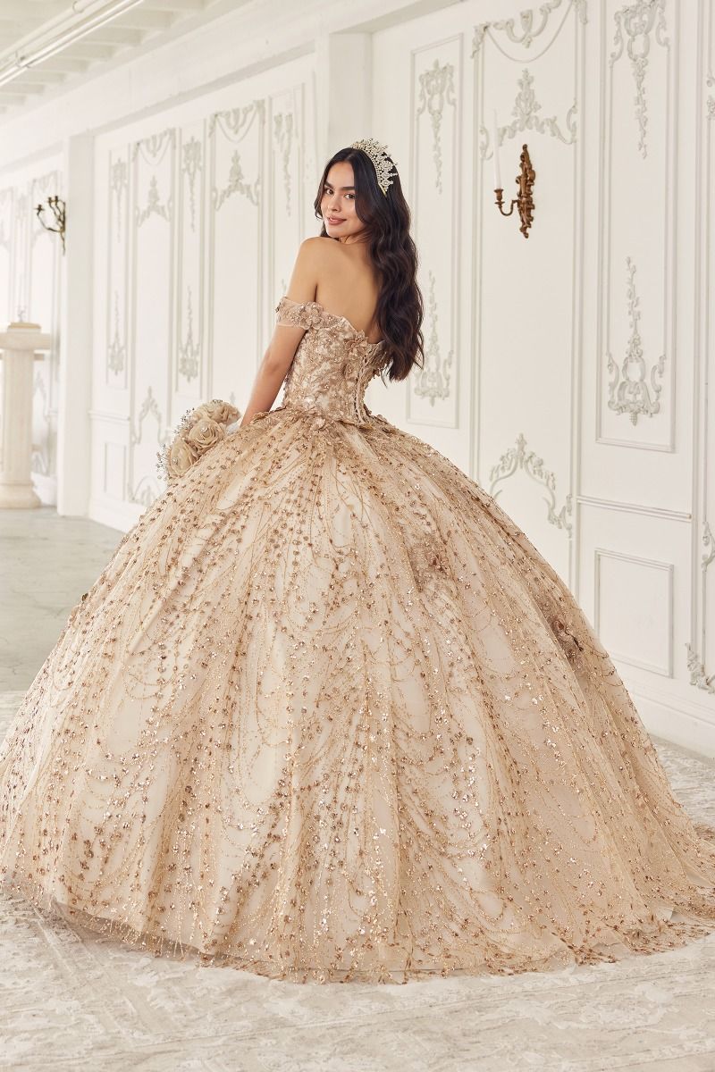 Gold Off-Shoulder Embroidered Quinceañera Ball Gown with Beaded Details  CD15712