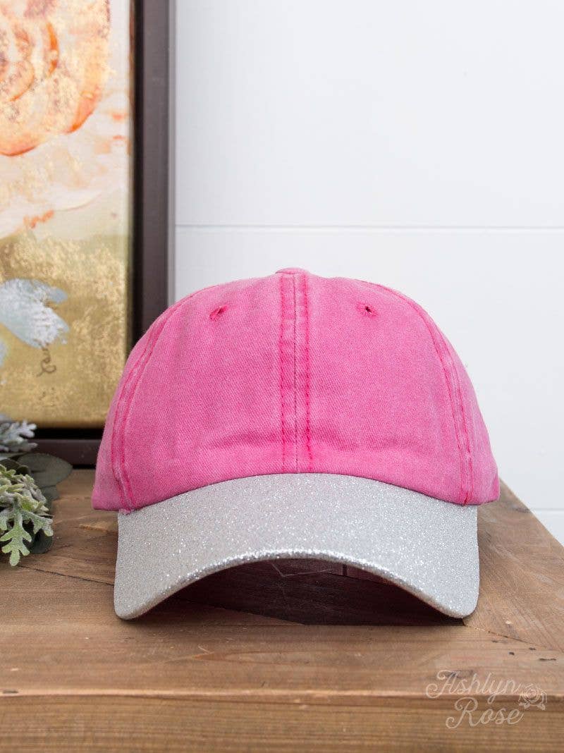 GIRL'S PINK HAT WITH BLING SILVER GLITTER BILL