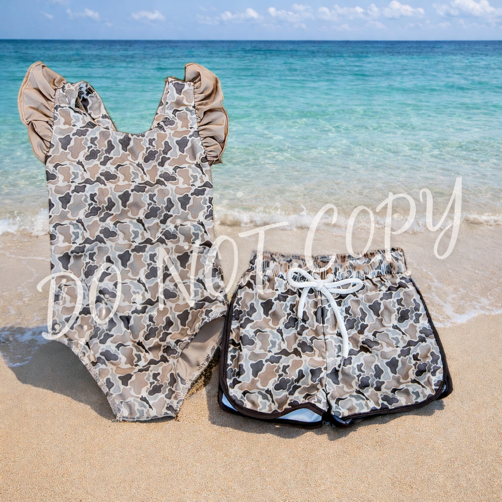 KID'S MATCHING SIBLING SWIMSUITS - NEUTRAL CAMO BOYS & GIRLS SWIMWEAR