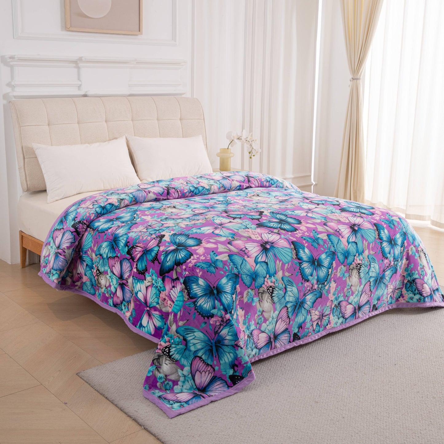 PURPLE AND BLUE BUTTERFLY SUPER KING SIZE SOFT PLUSH BLANKET
