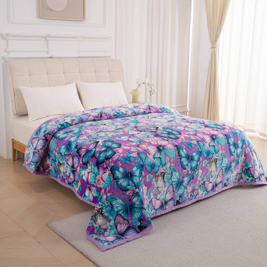 PURPLE AND BLUE BUTTERFLY SUPER KING SIZE SOFT PLUSH BLANKET