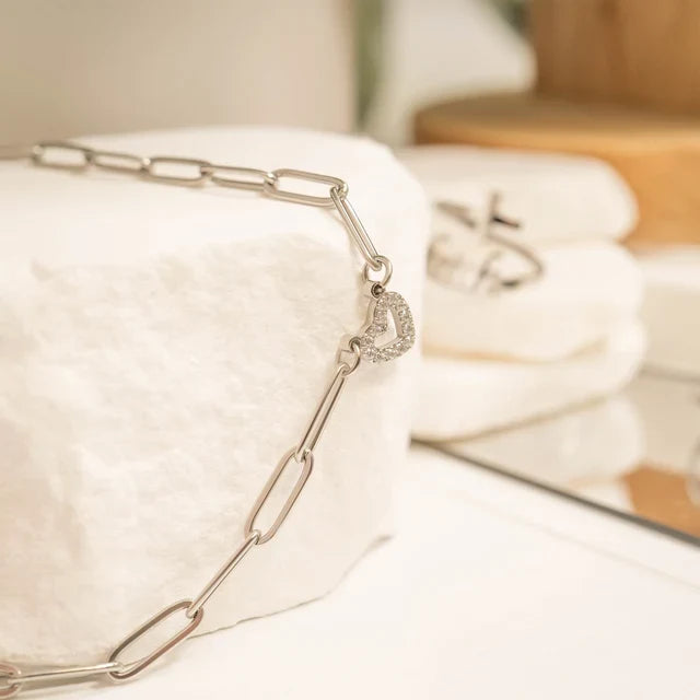 STAINLESS STEEL STONE HEART PAPER CLIP LINK CHAIN BRACELET - GOLD OR SILVER