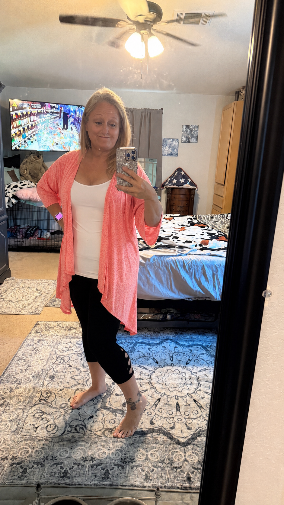 HEIMISH CORAL 3/4 SLEEVE BURNOUT CARDIGAN