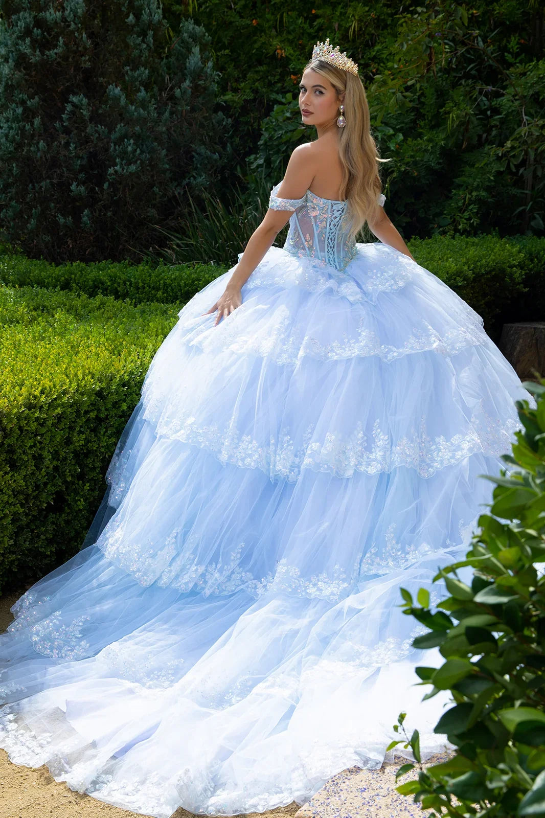 Embellished corset train scallop hem ruffle layer dress with front bow detail GLGL3612