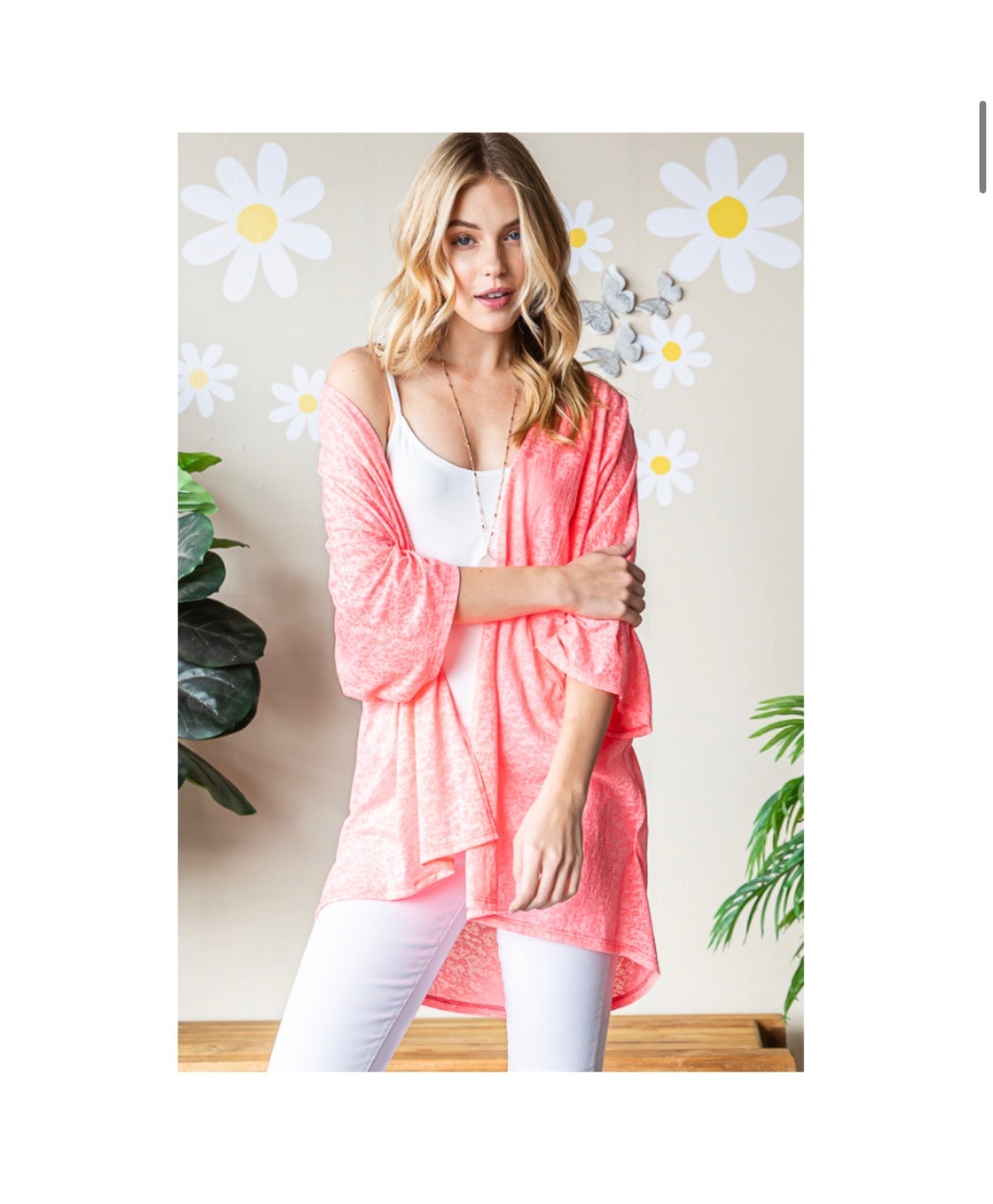 HEIMISH CORAL 3/4 SLEEVE BURNOUT CARDIGAN