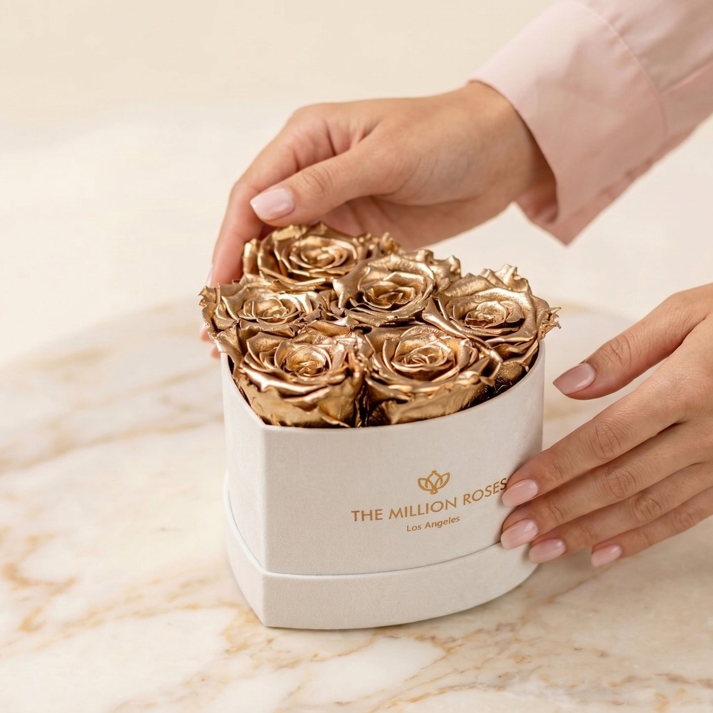 Baby Heart Beige Suede Box | Gold Roses