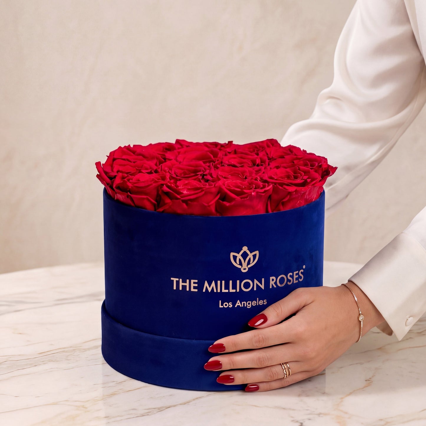 Classic Royal Blue Suede Box | Red Roses