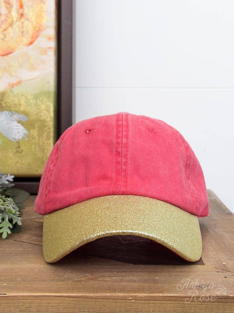GIRL'S RED HAT WITH GOLD GLITTER BILL