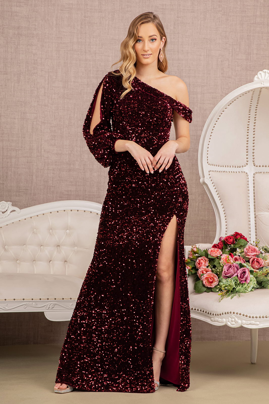 Sequin Asymmetric Velvet Festive Mermaid Gown w/ One Long Puff Sleeve  GLGL3159