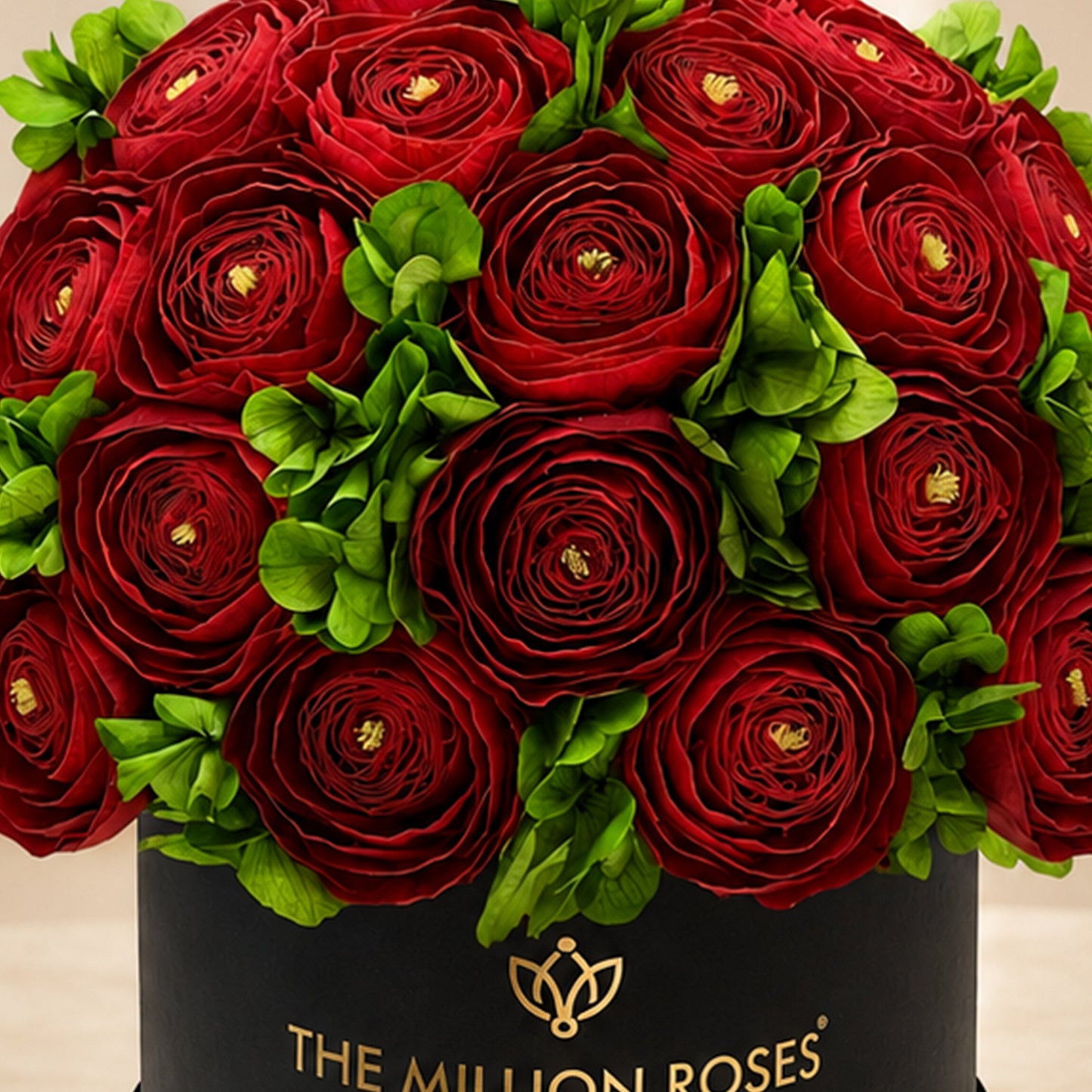Classic Black Box | Red Persian Buttercups & Green Hydrangeas