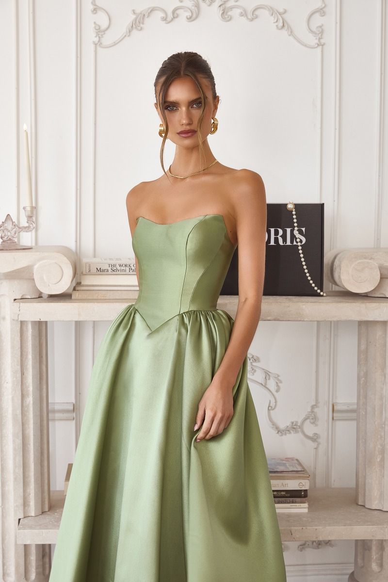 Strapless Festive Mikado Gown w/ Basque Waistline & Lace Up Back CDT822