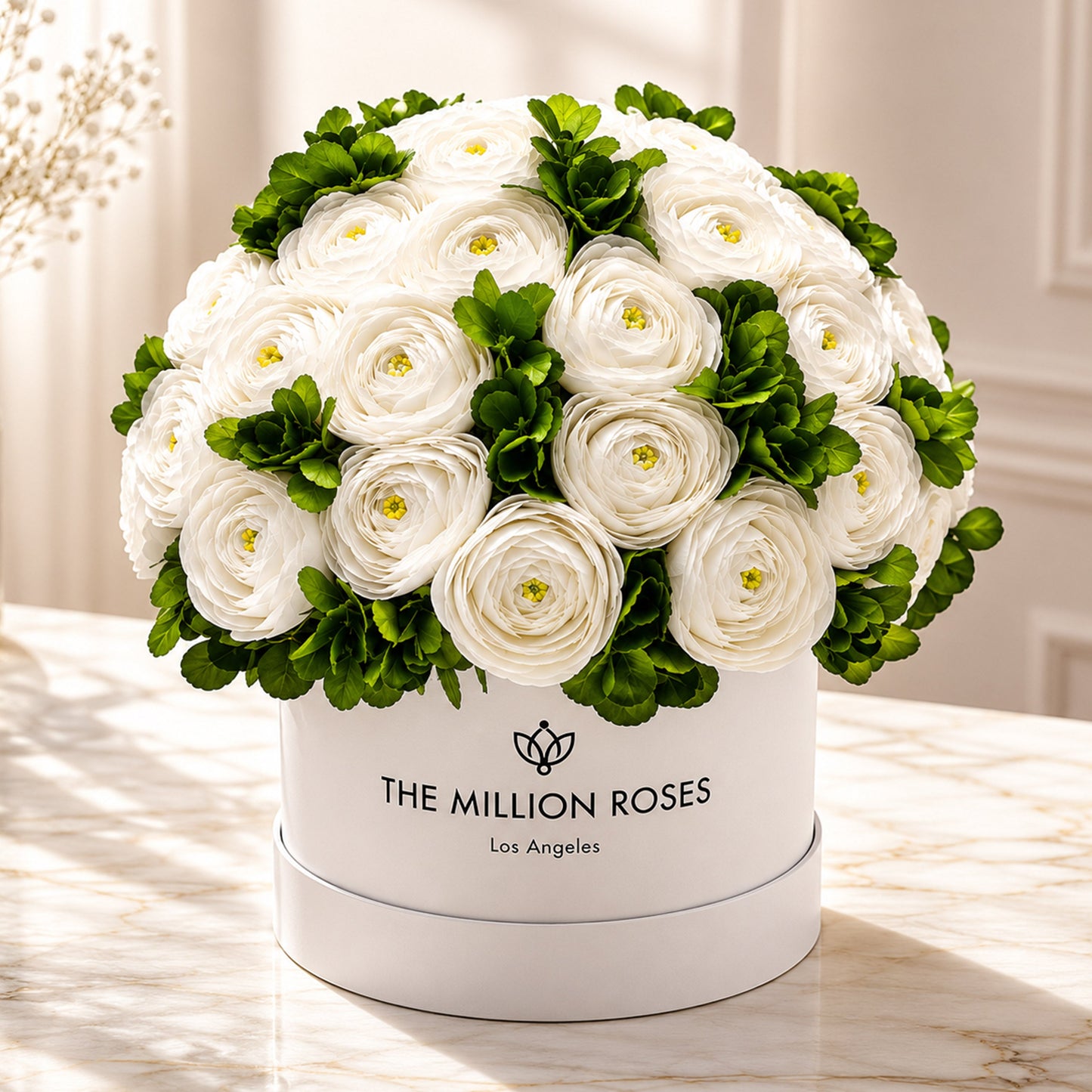 Classic White Box | White Persian Buttercups & Green Hydrangeas